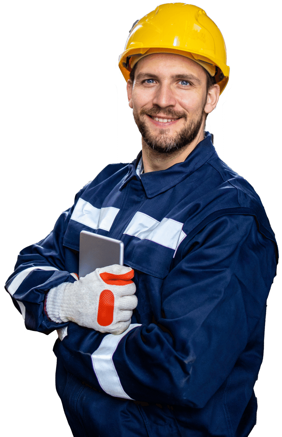 Man wearing a yellow hard hat, blue coveralls, and gloves, holding a tablet and smiling at the camera against a white background.