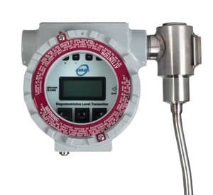 A digital magnetostrictive level transmitter with a circular display, red labeling, and a dual chamber magnetic level gauge probe.
