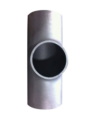 A metal pipe fitting shaped like a T, resembling an external chamber for a magnetic level gauge, on a plain white background.