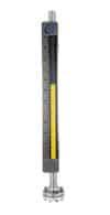 A vertical magnetic level gauge with measurement markings, yellow indicator, external chamber, and metallic base on a white background.