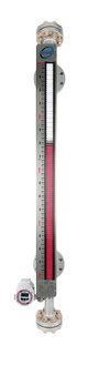 A vertical Magnetic Level Gauge with external chamber, red-white indicator bar, measurement markings, and fittings on both ends.