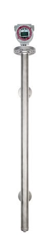 A vertical Magnetostrictive Level Transmitter with a digital display, designed for direct insertion and mounted with two circular brackets.