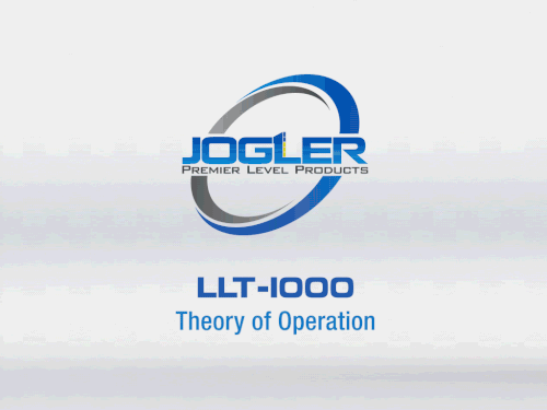 Animated slide displaying the Jogler logo, “LLT-1000 Theory of Operation," “Premier Level Products,” and Laser Level Transmitters below.