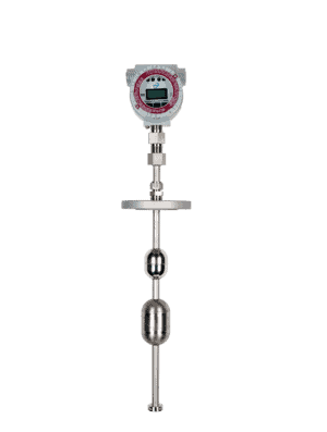 Industrial Magnetostrictive Level Transmitter with digital display, metal stem, and two float balls for direct insertion, isolated on white background.