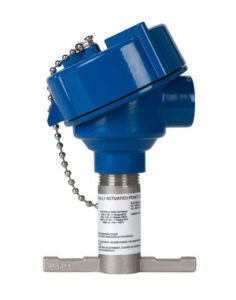 Industrial sensor with a blue cap, metal body, chain on the cap, labeled tag—ideal as a Magnetic Point Level Switch for precise measurements.