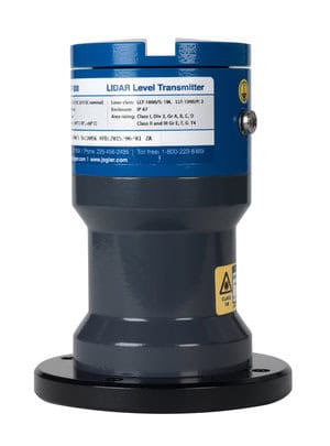 A blue and black Laser Level Transmitter with a labeled sticker, mounted securely on a circular black base.