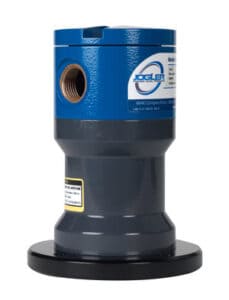 A cylindrical industrial sensor device with a blue and gray body, threaded port, flat base, and Jogler logo for Laser Level Transmitters.