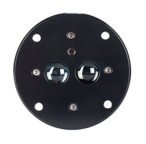 Round black electronic sensor with two clear lens domes and four mounting holes, ideal for use with Laser Level Transmitters.