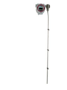 Industrial Magnetostrictive Level Transmitter with a long metal probe and a round digital display unit, shown against a white background.