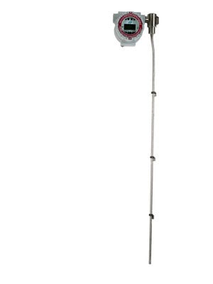 Industrial Magnetostrictive Level Transmitter with a long metal probe and a round digital display unit, shown against a white background.