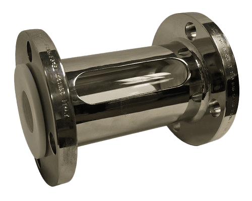 A stainless steel flow indicator with flanged ends and a transparent central section for easy visual inspection of fluid flow.