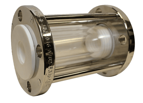 A cylindrical armored flow style indicator with flanged ends, used for monitoring fluid flow in pipelines.