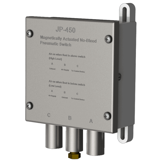 A JP-450 magnetically actuated Pneumatic Level Switch with labeled ports and mounting brackets on a light background.