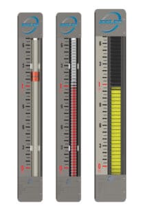 Three Jogler Magnetic Level Gauge indicators: a single tracker / shuttle, a standard width magnetic bargraph with red and white flags, and a wide magnetic bargraph with yellow and black flags.
