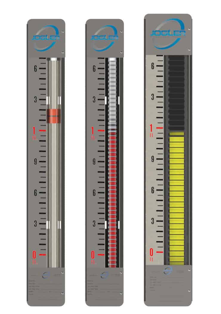Three Jogler Magnetic Level Gauge indicators: a single tracker / shuttle, a standard width magnetic bargraph with red and white flags, and a wide magnetic bargraph with yellow and black flags.