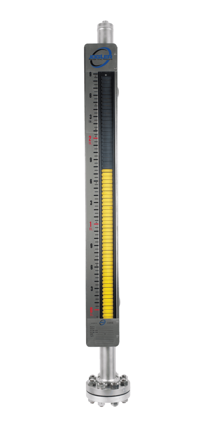A Jogler JMG Magnetic Level Gauge with a yellow and black flag indicator. This is used for industrial tank level measurement.