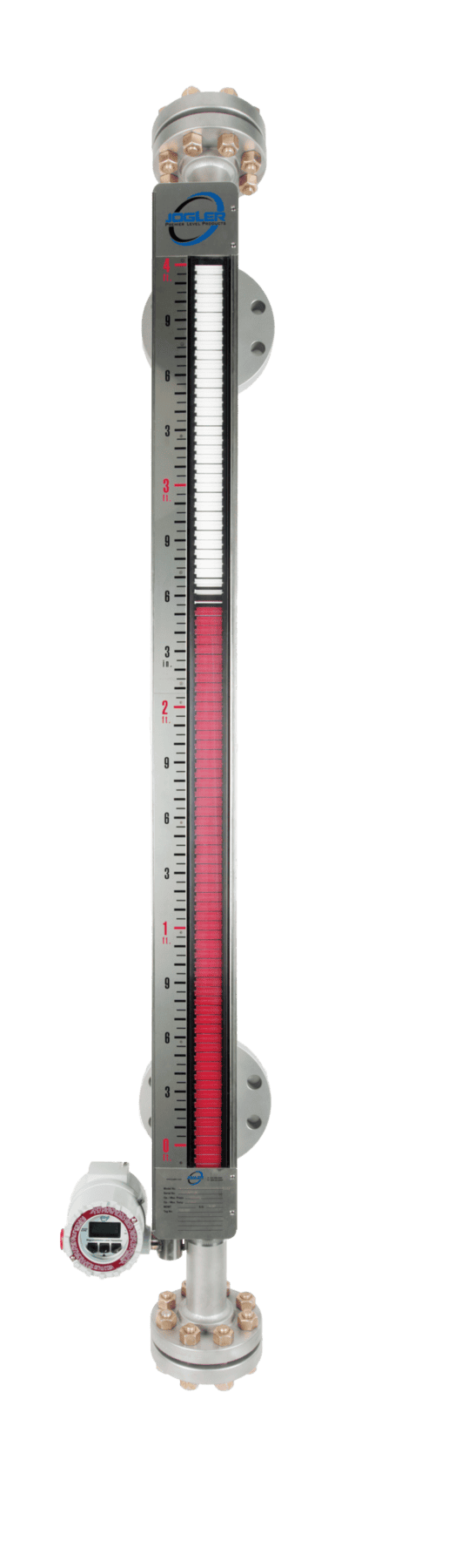 A Jogler JMG Magnetic Level Gauge with an externally mounted MGT-6000 Magnetostrictive Level Transmitter. This configuration is used to provide a tank level indication with an additional 4-20 mA (milliamp) control output.